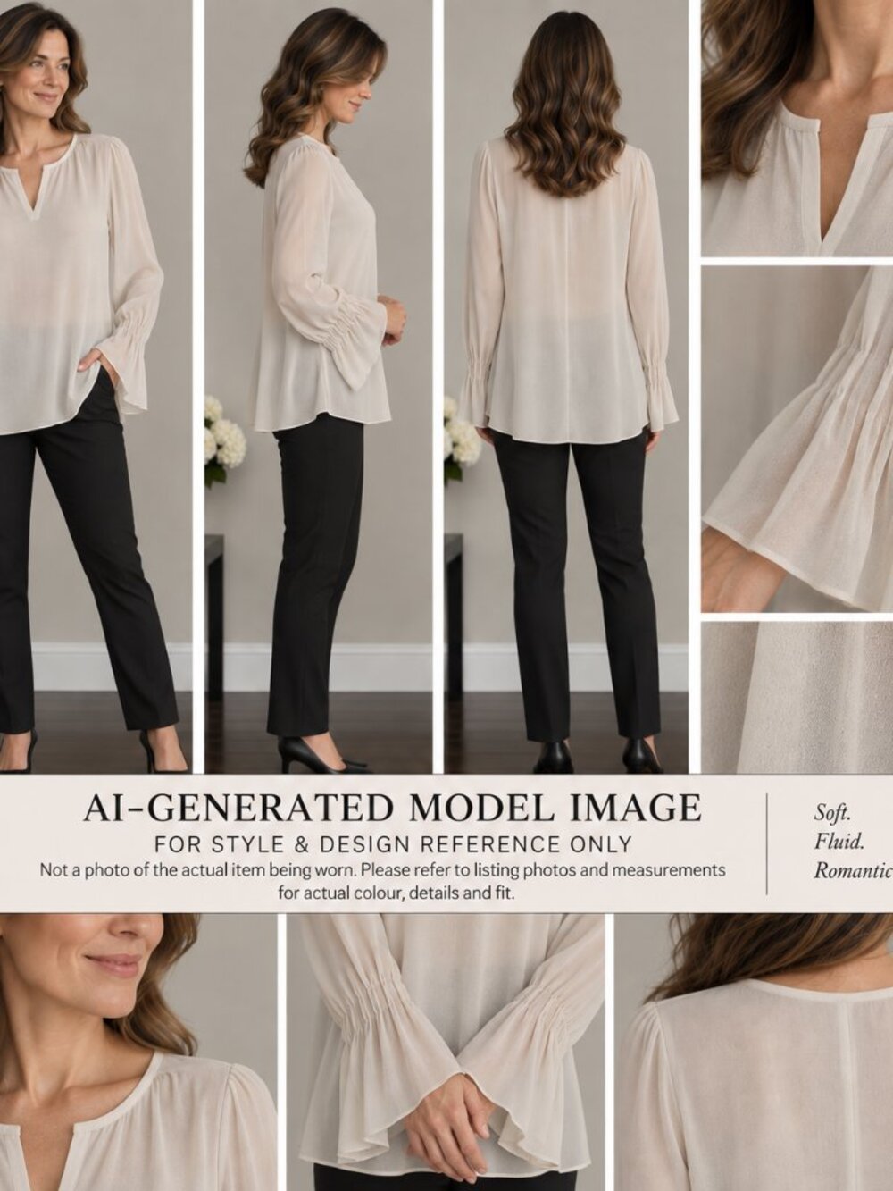 NWT. Laura Petites Women's Cream Split-Neck Long Sleeve Blouse